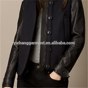 Women Wool Blend Bomber Jacket With Lambskin Sleeves