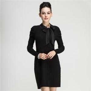 Fall Winter Ladies Cotton Novelty Stitch Crew Tied Neck Long Sleeve One Piece Dress Skirt