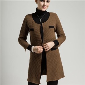 Fall Winter Ladies Cotton Novelty Stitch Knitted Crew Neck Long Sleeve Long Cardigan Contrastcolor