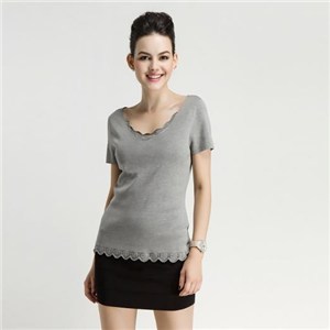Fall Winter Silk Ladies Knitted V Neck Short Sleeve Sweater Pullover With Flounces