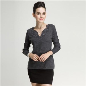 Fall Winter Wool Ladies Knitted V Neck Long Sleeve Sweater Pullover With Embroidery & Beading