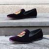 Various Occasions Mens Brown Leather Loafer Shoes , Crown Embroidered Velvet Slipper