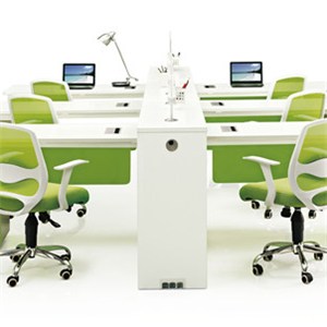 Six Workstation Cluster With Fixed Sliding Door Cabinet And Metal Legs