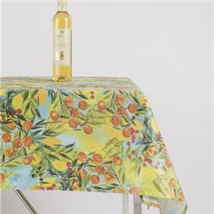 Home Decor Green Lemon Printed Water Resistant Table Cover Fabric Poly Cotton Weave Tablecloth, PU Coated (seats 6 To 8 People)