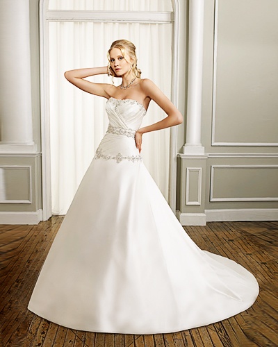 A-line Scoop Strapless Satin Cathedral Train Beading Ruffled Wedding Dress