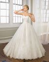 Sweetheart Strapless Satin Organza Chapel Train Empire Beading Ruffled Wedding Dress