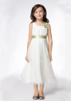 A-line Round Neck Tea-length Satin Organza Ribbons Flower Girl Dress