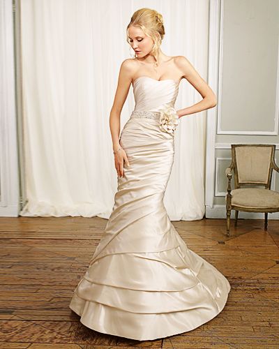 Trumpet Mermaid Scoop Strapless Elastic-satin Chapel Train Manmade Flowers Beading Ruffled Wedding Dress