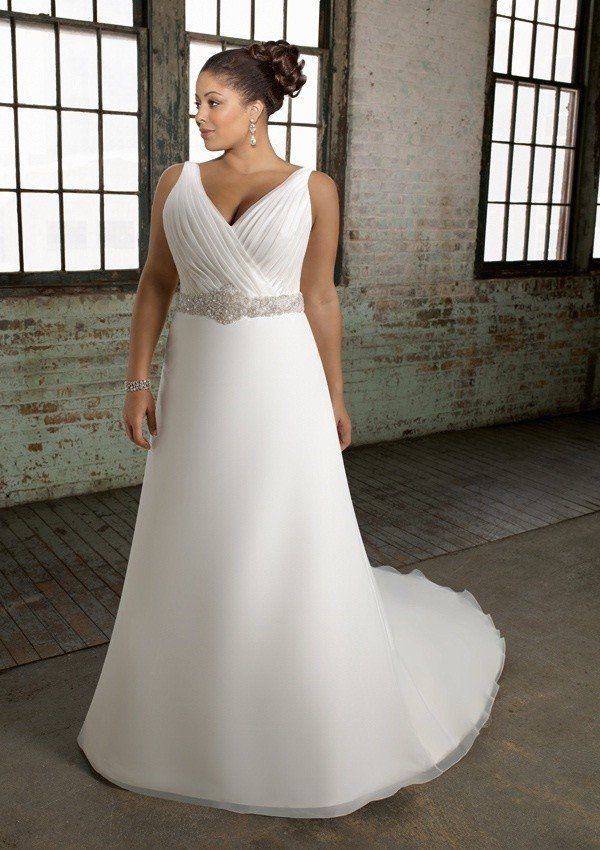 A-line V-neck Chapel Train Organza Over Satin Beading Plus Size Wedding Dress
