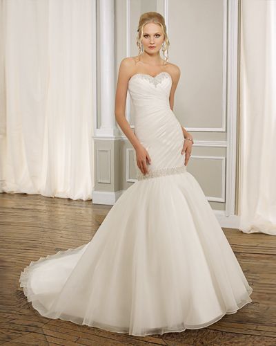Trumpet Mermaid Sweetheart Strapless Organza Cathedral Train Beading Ruffled Wedding Dress